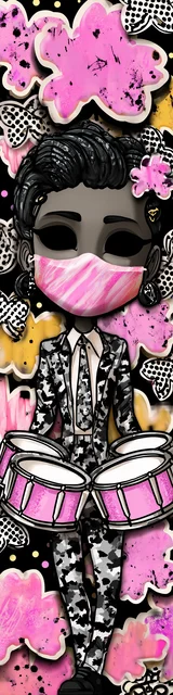 Free teacher bookmark featuring a masked teacher holding a pink drum